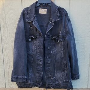 Free People We The Free Jolene Small Oversized Distressed Trucker Long Denim Jac